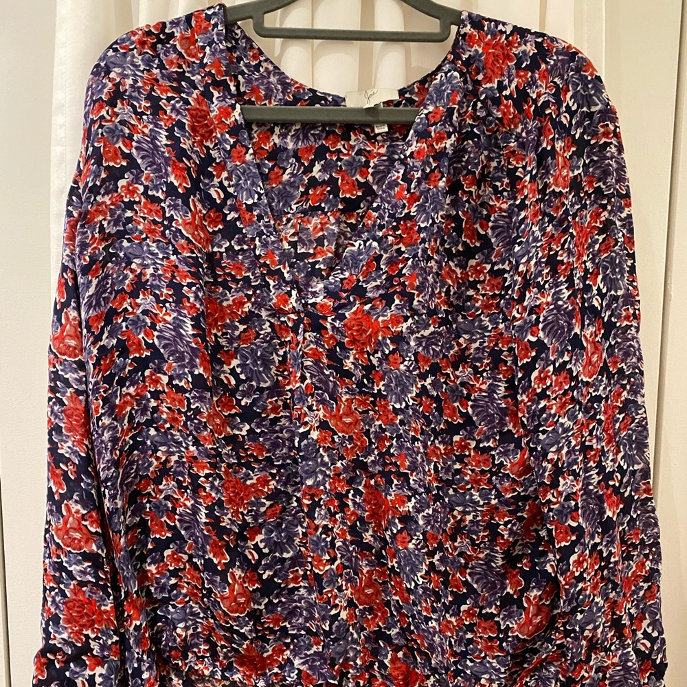 Joie red and blue floral print silk blouse size M